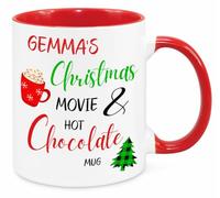 Cherish Charlie Designs Personalised Christmas Movie & Hot Chocolate Mug with Name, Red Ceramic Cup, Xmas Gift for Her Mum Sister Friend, Secret Santa Stocking Filler
