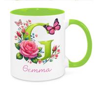 Cherish Charlie Designs Personalised Initial Mug with Name Green Floral Letter Mug 11oz Ceramic Coffee Cup Custom Alphabet Mug for Women Birthday Gift for Mum Nan Sister Friend Teacher Her