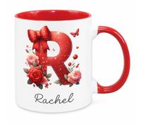 Cherish Charlie Designs Personalised Red Initial Mug with Name - Floral Bow Letter Design Ceramic Coffee Cup Custom Monogram Mug Gift for Her, Birthday, Valentine’s Day, Mother’s Day, Christmas Red
