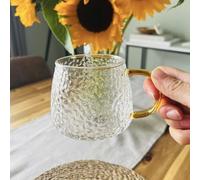 Cherish Home Hammered Glass Coffee Mug, Clear with Amber Handle, 350ml, Textured Cup for Tea, Iced Coffee, Lattes & Water
