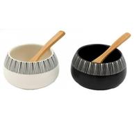 Cherish Home Modern Black & White Ceramic Dipping Bowl Set, 2 Bowls with Wooden Spoons, Pinch Pots for Spices