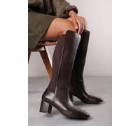 'Cherish' Stretch Wide Calf Block Heel Knee High Boots With Side Zip Where's That From Brown 5E