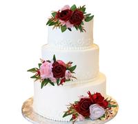 CherishedMoments 3Pcs Burgundy Red Wedding Cake Topper Set, Artificial Flowers Decor for Wedding Ceremony, Anniversary & More