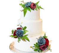 CherishedMoments 3Pcs Cake Topper Set, Wedding Artificial Flowers Decor Burgundy and Navy Blue Cake Topper Decorations for Wedding Ceremony Anniversary, Wedding Home Decor