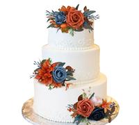CherishedMoments 3Pcs Cake Topper Set, Wedding Artificial Flowers Decor Burnt Orange-Blue, Perfect for Wedding Ceremony, Anniversary, Parties & Photography