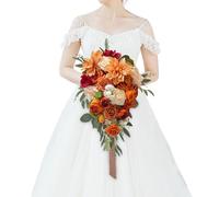 CherishedMoments Burnt Orange Artificial Flowers Bridal Bouquet Terracotta Flowers Teardrop Bridal Bouquet Artificial Cascading Bouque for Wedding Ceremony and Anniversary