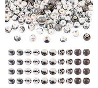 Cheriswelry 100Pcs Black Porcelain Beads Round Ceramic Spacer Beads Chinese Printed Flower Bead for Jewelry Making DIY Crafts Bracelets Necklace Earrings