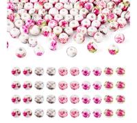 Cheriswelry 100Pcs Porcelain Beads Handmade Round Ceramic Beads Loose Flower Printed Bead Bulk for DIY Jewelry Earrings Bracelet Necklace Craft Projects