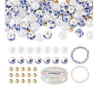 Cheriswelry 101Pcs Blue and White Flower Porcelain Beads 8mm Acrylic Imitation Pearls with Brass Spacer Beads for Jewelry Making Bracelet Necklace DIY Crafts