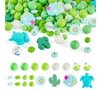 Cheriswelry 108PCS 3D Flower Silicone Beads Oval Round Rondelle Cactus Ocean Shell Turtle Daisy Rubber Loose Spacer Beads Bulk for Beaded Pen Jewelry Making Crafts, Green