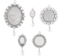 Cheriswelry 10Pcs Round Oval Bezel Pendant Trays Setting Tibetan Alloy Silver Blank Cabochon Base with Plastic Dangle Pearl Charm 38-75mm for DIY Photo Jewelry Necklace Making