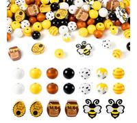 Cheriswelry 125pcs Bee Theme Wood Beads Printed Natural Wood Beads 16mm Round Loose Beads Large Hole Wooden Macrame Beads for Craft Jewellery Making