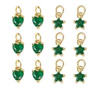Cheriswelry 12pcs Green 18K Gold Plated Dangle Earring Keychain Bracelet Charms Hear Star Cubic Zirconia Charms Star CZ Stone Necklace Pendants for DIY Craft Jewelry Making 8-8.5mm