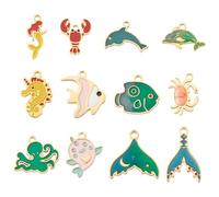 Cheriswelry 12Pcs Sea Animal Enamel Charms Fish Dolphin Whale Octopus Crab Lobster Sea Horse Gold Plated Stainless Steel Pendants 8-17.5mm for Earring Necklace Bracelet Summer Beach Jewelry Making