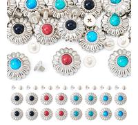 Cheriswelry 16mm Tibetan Style 3D Flower Alloy Buttons Turquoise Decorative Rivets Screw Back Vintage Antique Silver Daisy Replacement for Sewing Craft Jacket