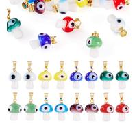 Cheriswelry 16Pcs Mushroom Handmade Lampwork Charms Evil Eye Glass Pendants with Brass Findings 8 Colors 16-17mm for DIY Crafts Bracelet Necklace Earrings Jewelry Making