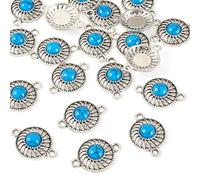 Cheriswelry 20pcs Flat Round Vintage Antique Silver Pendants Tibetan Connector Link Charms Round Resin Turquoise Dangle Earring Bracelet Keychain Charm for DIY Craft Jewelry Making 21x19mm