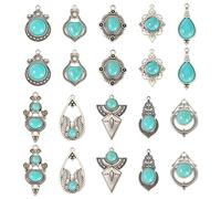 Cheriswelry 20pcs Tibetan Alloy Resin Turquoise Pendants Retro Antique Silver Flower Rhombus Oval Teardrop Heart Flat Round Feather Necklace Pendants for DIY Craft Jewelry Making 27-40 mm
