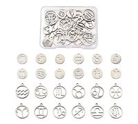 Cheriswelry 24pcs 304 Stainless Steel 12 Constellations Zodiac Sign Pendants Charms Flat Round Astrology Horoscope Charms Dangles for DIY Jewellery Necklace Making