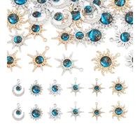 Cheriswelry 24Pcs Rhinestone Alloy Charms Celestial Sun Moon Star Gemstone Pendants Blue Crystal Metal Dangle Charms for Jewelry Making Necklace DIY Crafts