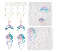 Cheriswelry 2Pcs Sea Animal Resin Earrings Moulds Mermaid Tail Jellyfish Turtle Shape Casting Silicone Molds with Brass Hooks for Jewelry Making DIY Earrings
