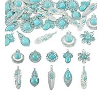 Cheriswelry 30Pcs Tibetan Turquoise Acrylic Pendants Retro Imitation Turquoise Alloy Charms Antique Metal Dangle Charms for DIY Jewelry Necklace Bracelet