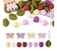 Cheriswelry 32Pcs Tulip Butterfly Leaf Silicone Beads Silicone Focal Beads with Nylon Thread for DIY Handmade Crafts, Scrapbooks, Mother's Day, Teacher's Day, Thanksgiving