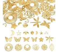 Cheriswelry 38Pcs Golden Metal Charms Butterfly Moon Leaf Iron Charms Assorted Shapes Filigree Pendants for DIY Jewelry Making Dream Catcher
