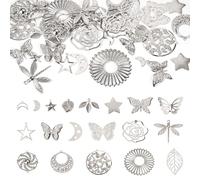 Cheriswelry 38Pcs Silver Metal Pendants Butterfly Star Leaf Iron Pendants Assorted Shapes Filigree Charms for Jewelry Making DIY Necklace Earring Dream Catcher