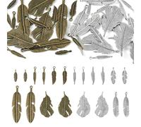 Cheriswelry 40Pcs Feather Pendants Vintage Tibetan Feather Charms Antique Bronze Silver Alloy Pendants for Jewelry Making Necklace DIY Crafts Dream Catcher