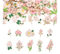 Cheriswelry 40Pcs Flower Theme Pendants Assorted Floral Enamel Pendants Light Gold Plated Flower Dangle Charms for Necklace Bracelet Earrings Keychains, Pink