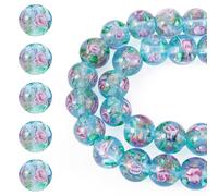 Cheriswelry 40Pcs/Strand Rose Flower Lampwork Beads 10mm Handmade Gold Sand Glass Beads Round Loose Spacer for DIY Bracelet Necklace Earring Rosary Jewelry Crafts (Pale Turquoise)