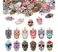Cheriswelry 48pcs Alloy Enamel Owl Skull Pendants Halloween Theme Skull Head Charms Dangle Beads for Jewellery Crafts Making Hole:1.6mm