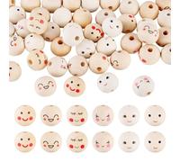 Cheriswelry 48Pcs Loose Wood Beads with Smile Faces White European Wooden Beads Round Laughing Wood Bead for DIY Jewelry Bracelet Necklace Craft Projects