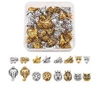 Cheriswelry 48pcs Mixed Tibetan Solid Metal Animal Head Beads Spacer Charms Antique Elephant Lion Wolf Leopard Dragon Head Loose Beads for European Men Bracelets Jewelry Making Supplies Accessory