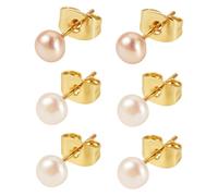 Cheriswelry 4mm Natural Pearls Ear Studs 3 Sets Brass Plated Pink Cultured Freshwater Pearl Small Elegant Bead Earrings for Jewelry Making Women