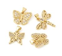 Cheriswelry 4PCS Glitter Butterfly Crystal Brass Pendants Golden Plated Micro Pave Rhinestone Dragonfly Flying Charms for DIY Jewelry Making Bracelet Necklace Earrings Crafts
