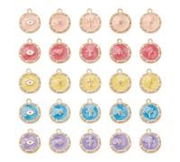 Cheriswelry 50Pcs 25 Styles Alloy Enamel Flat Round Charms Colorful Gold Plated Cross Heart Star Eye Dangle Pendants for DIY Jewelry Making
