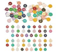 Cheriswelry 52PCS Letter A-Z Pattern Enamel Charms 14mm Rainbow Color Golden Flat Round Alphabet Pendants Bulk for DIY Necklace Bracelet Keychain Jewelry Making Crafts