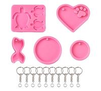 Cheriswelry 5pcs Resin Casting Moulds Turtle Heart Fishtail Flat Round Keychain Making Kit Keyrings Silicone Mold with Chain for Jewellery Crafting