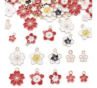 Cheriswelry 60Pcs Cherry Flower Enamel Pendants Assorted Sakura Blossom Alloy Enamel Charms Flat Sakura Floral Dangle Charms for DIY Jewelry Making Necklace