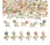 Cheriswelry 60Pcs Rose Enamel Charms Floral Enamel Alloy Pendants Golden Rose Shape Dangle Charms for Jewelry Making Necklace Bracelet DIY Craft Projects