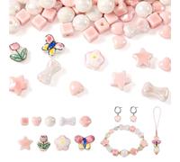 Cheriswelry 66Pcs Mixed Shapes Handmade Porcelain Beads Bright Glazed Porcelain Beads Pink Butterfly Flower Star Loose Beads for DIY Jewelry Making