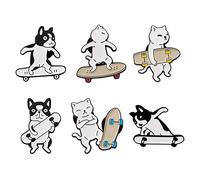 Cheriswelry 6Pcs Cat Dog with Skateboarding Enamel Pins Pet with Skateboarding Lapel Pins Cute Animal Brooch Pins 27-30.5mm for Clothes Bags Backpack Hats Decoration
