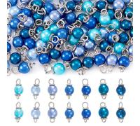 Cheriswelry 70Pcs Pearl Connector Pendants Link Pearlized Round Glass Pearl Charms with Antique Silver Findings 14mm for Summer Beach Jewelry Making Earring Bracelet Necklace (Blue)