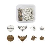 Cheriswelry 80pcs Handmade Metal Tags Sewing Labels Heart Hand Flat Round Flower Shape Antique Bronze Silver Pendants Charms for Knitted Crafts