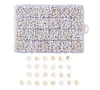 Cheriswelry White Acrylic Alphabet Beads 7mm Flat Round Disc Gold A-Z Letter Spacer Beads Charms for Jewellery Bracelet Making, About 1898pcs/box