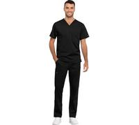 Cherokee Men and Women Scrub Set Tuckable V-Neck Top WW625 with Tapered Leg Drawstring Pant WW020, Black- M Top/M Short Pant