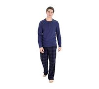 Cherokee Men's Pajama Set, Long Sleeve Cotton Top & Micro Fleece Pants, Breathable Cozy Loungewear, Blue Buffalo, S