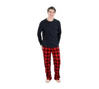 Cherokee Men's Pajama Set, Long Sleeve Cotton Top & Micro Fleece Pants, Breathable Cozy Loungewear, Red Buffalo, S